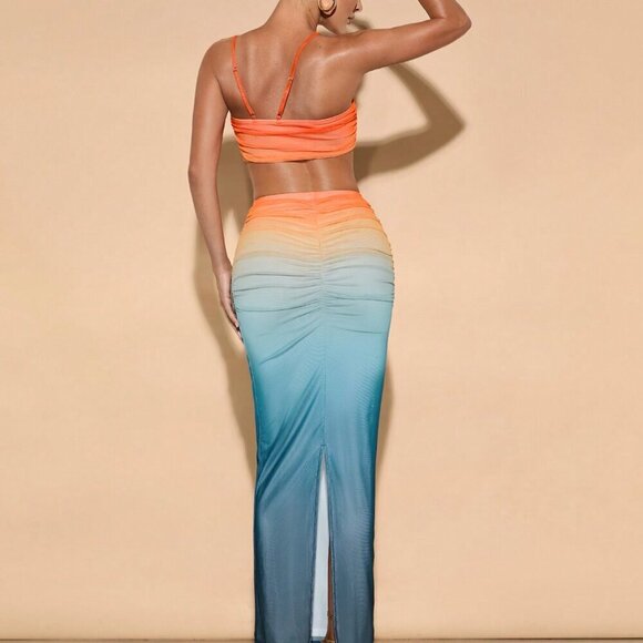 Orange Sexy Women's Ombre Spaghetti Strap Crop Top & High Waisted Pencil Skirt - Picture 2 of 7